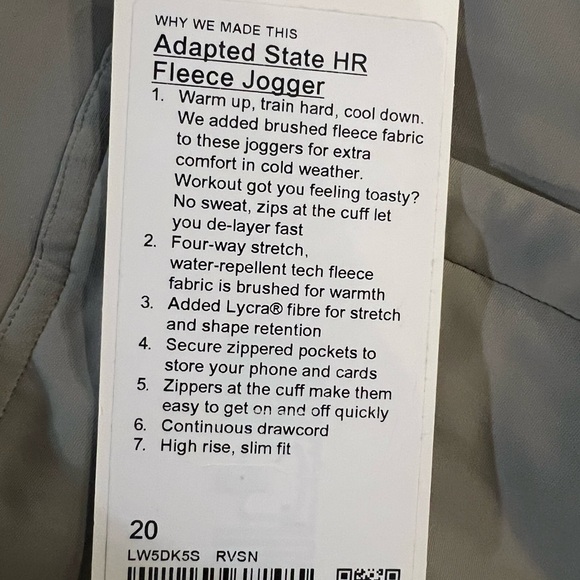 Lululemon Adapted State HR
Fleece Jogger Women’s Size 20 High Rise Slim Fit New - Picture 8 of 13